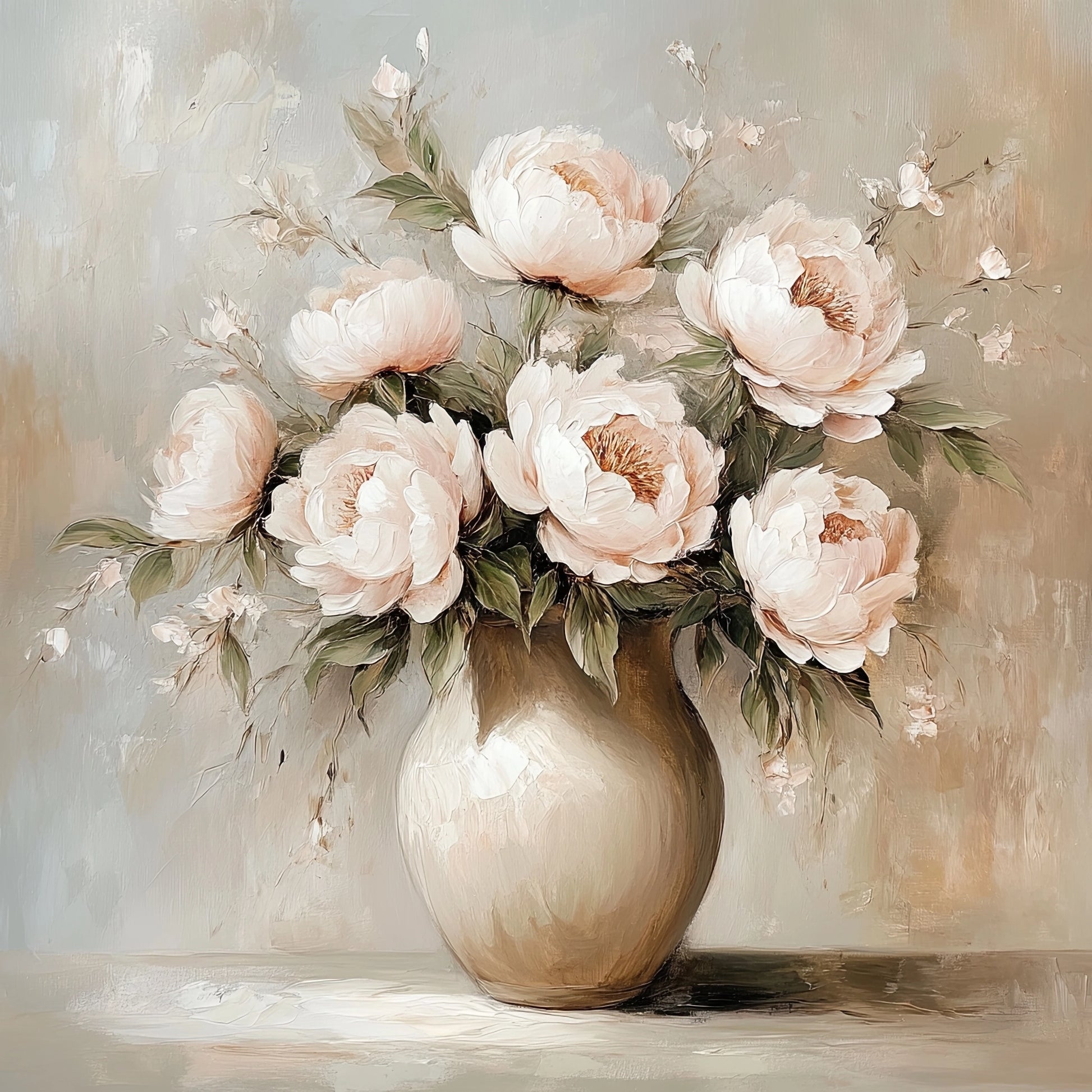Volledige weergave van het kunstwerk “Verstilde Zachtroze” met pioenen in een vaas op een zachte achtergrond
