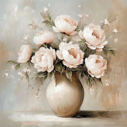 Volledige weergave van het kunstwerk “Verstilde Zachtroze” met pioenen in een vaas op een zachte achtergrond
