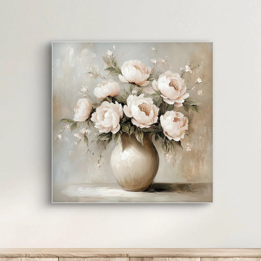 Detail van zachtroze pioenen in een vaas uit het kunstwerk “Verstilde Zachtroze” met subtiele penseelstreken
