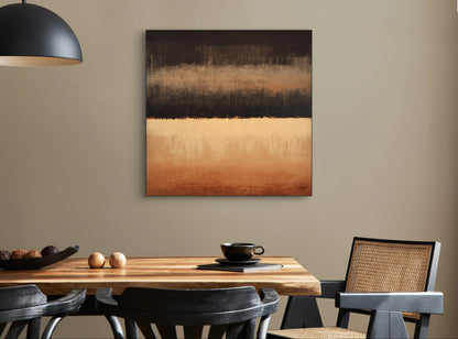 Abstract kunstwerk Verstilde Horizon in warme bruine en okertinten boven een houten eettafel
