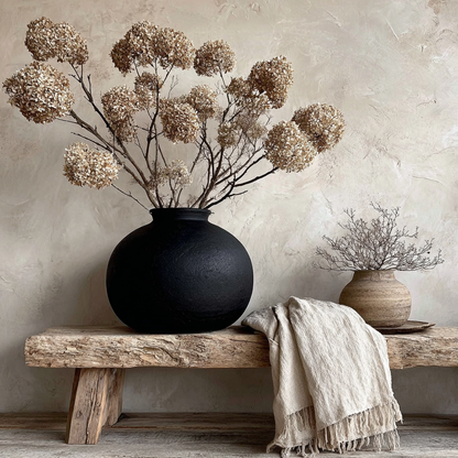 Volledig kunstwerk Verstilling van Hout met stilleven van bloemen en kruiken op houten bankje 
