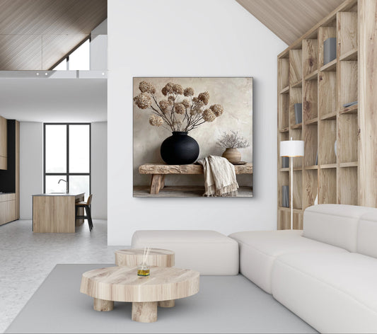 Mock-up van kunstwerk Verstilling van Hout aan de muur in modern interieur met houten accenten 

