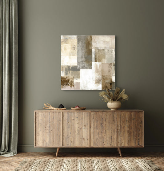 Abstract schilderij Verweven Grond met beige en olijftinten boven een houten dressoir
