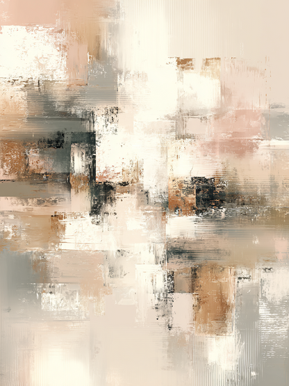 Volledige weergave van schilderij Verweven Herinnering met gelaagde structuur in beige en koperkleuren
