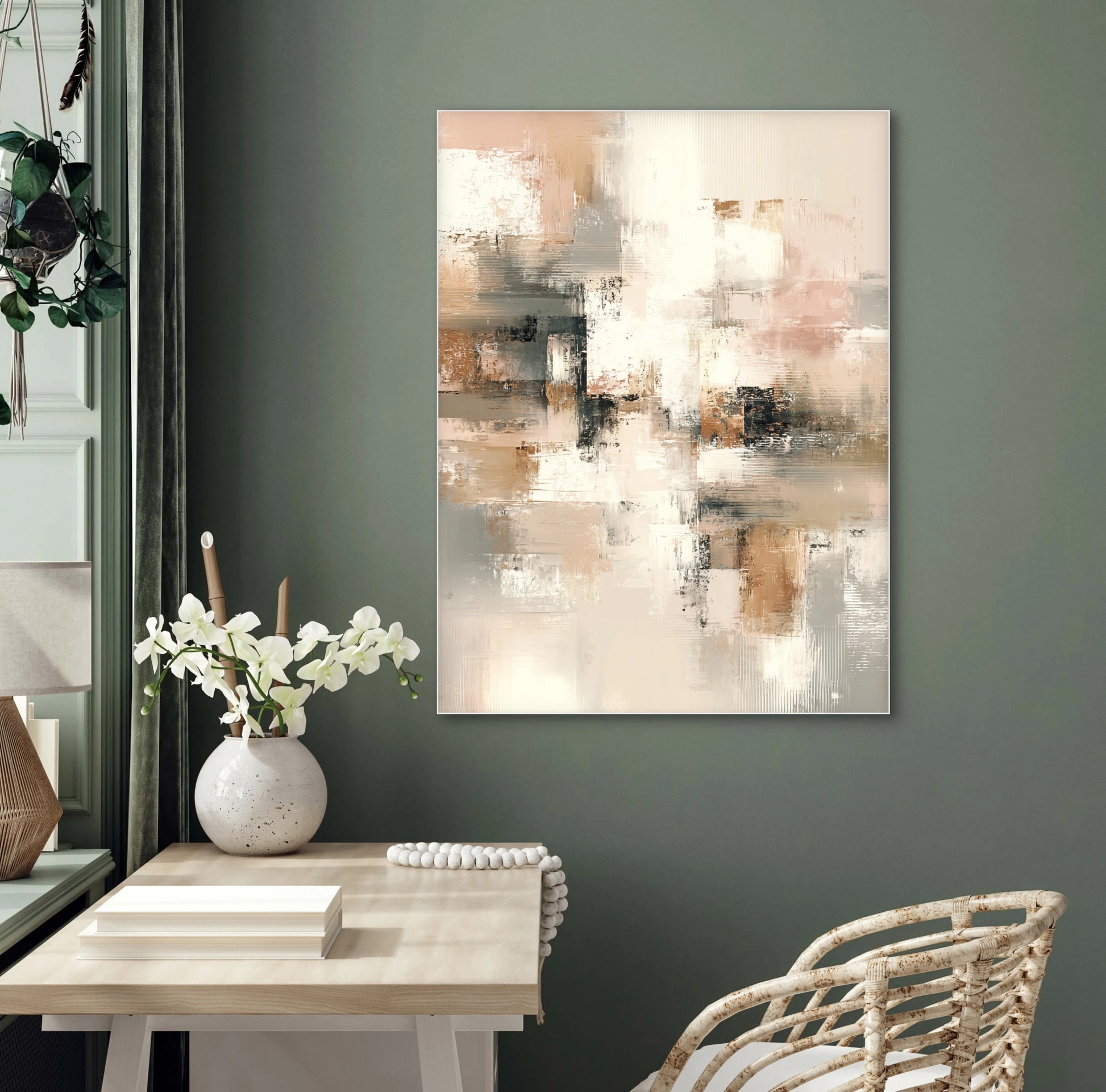Abstract schilderij Verweven Herinnering in beige en koper boven een bureau met bloemenvaas
