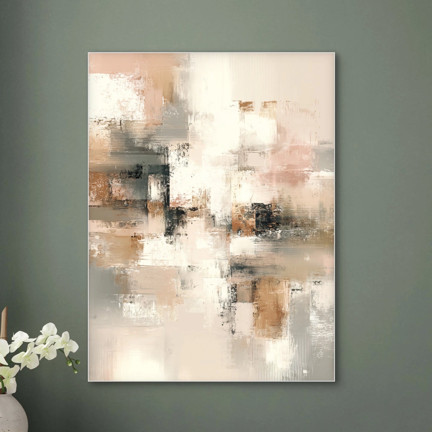 Detail van abstract kunstwerk Verweven Herinnering met zachte penseelstreken in neutrale tinten
