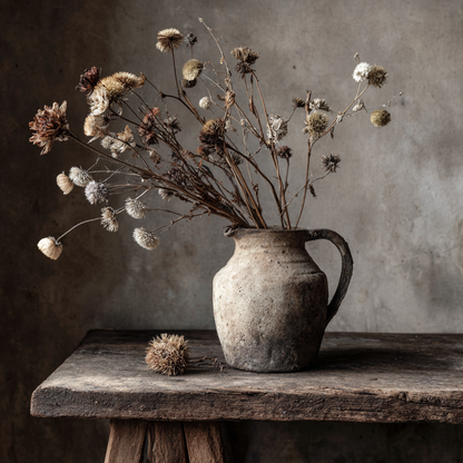 Volledig kunstwerk Verweven Tijd met stilleven van kruik en bloemen in natuurlijke tinten
