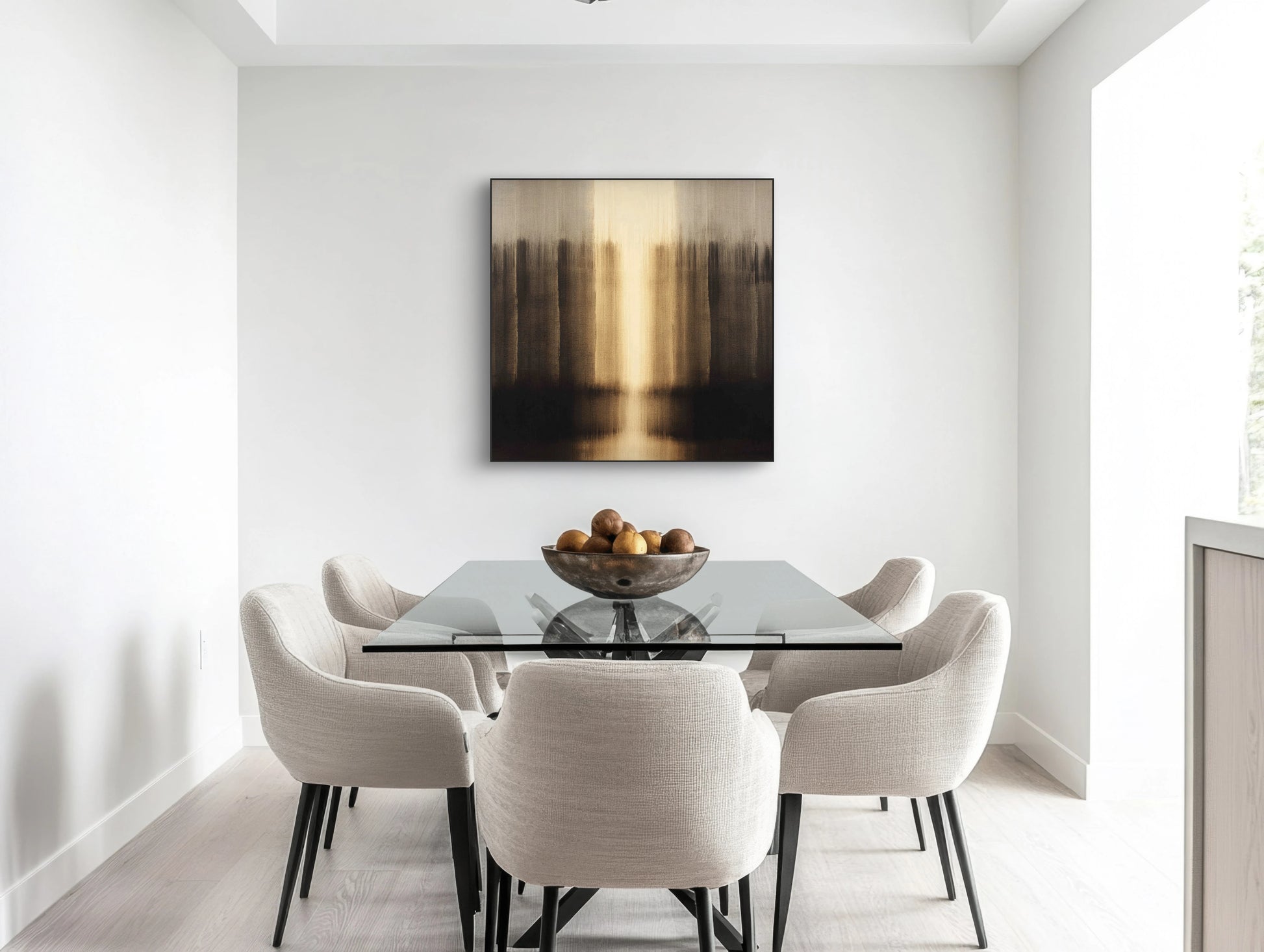 Abstract kunstwerk in goud en zwart tonen boven eettafel met beige stoelen
