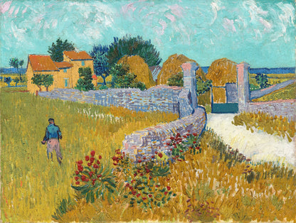 Volledige weergave van “Boerderij in de Provence” met pad, boerderijen en zomerse velden in Van Goghs stijl
