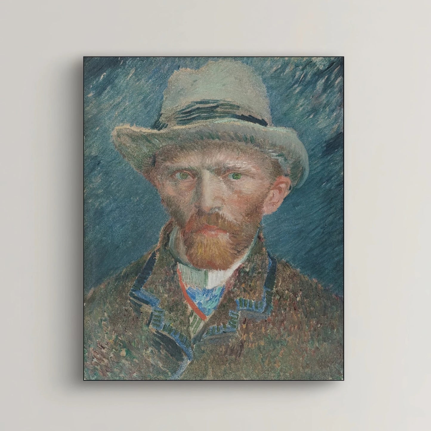 Detail van Van Goghs zelfportret met grijze hoed, rood haar en indringende blauwe ogen

