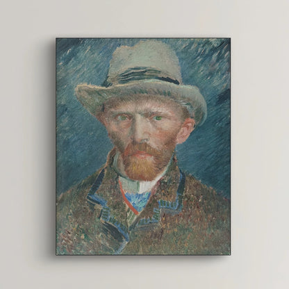 Detail van Van Goghs zelfportret met grijze hoed, rood haar en indringende blauwe ogen
