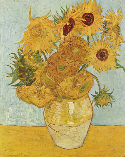 Volledige weergave van Van Goghs “Zonnebloemen” met vaas en bloemen op gele ondergrond
