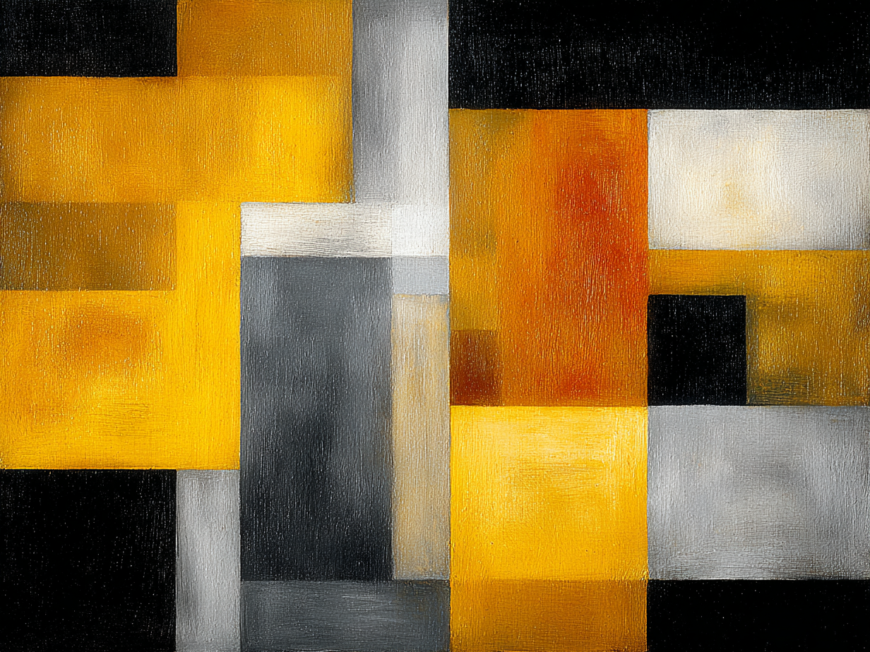 Abstracte compositie in goud, zwart en grijs met geometrische vormen en gelaagde structuur
