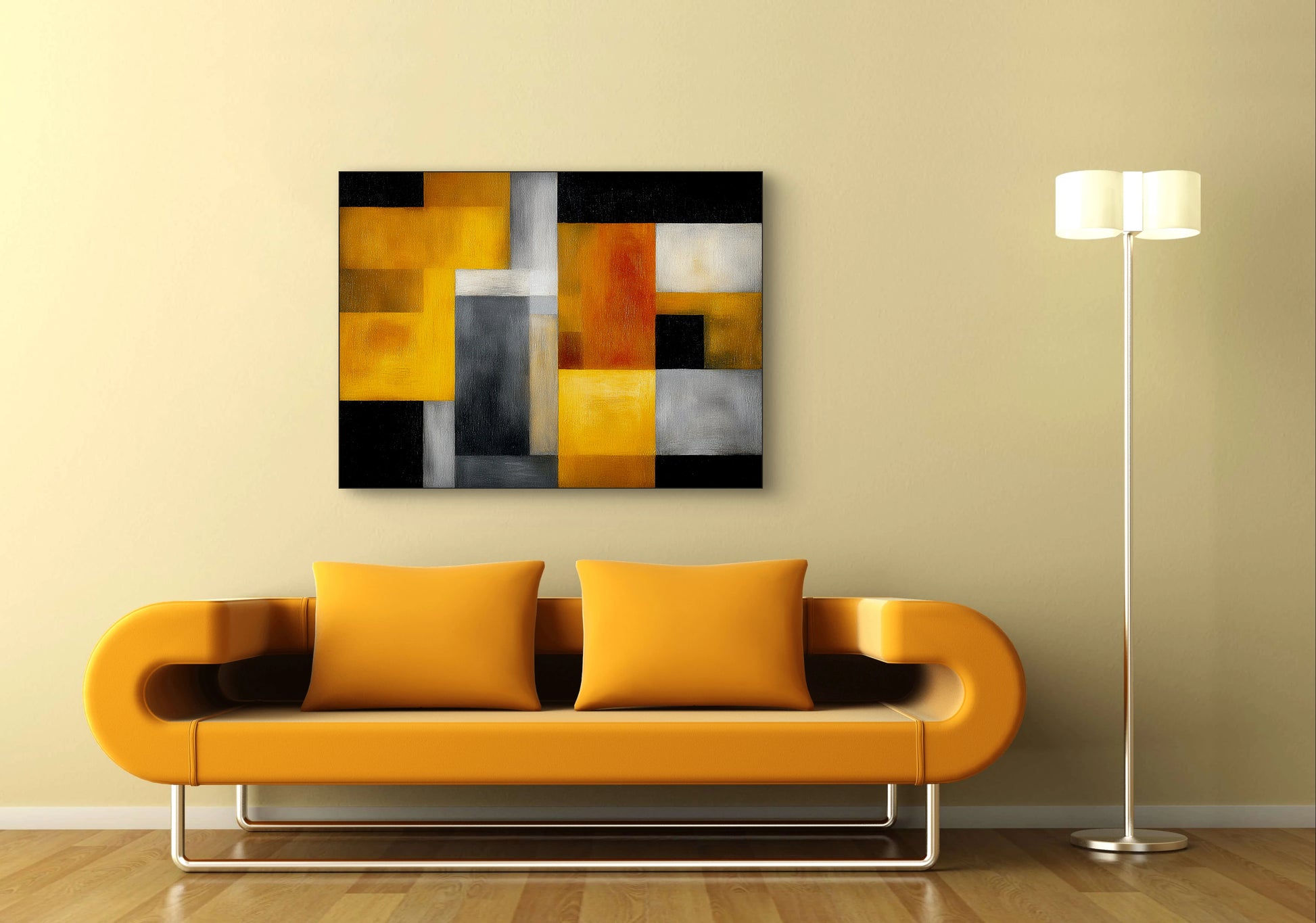 Abstract kunstwerk in goud, zwart en grijs tonen boven gele bank in modern interieur
