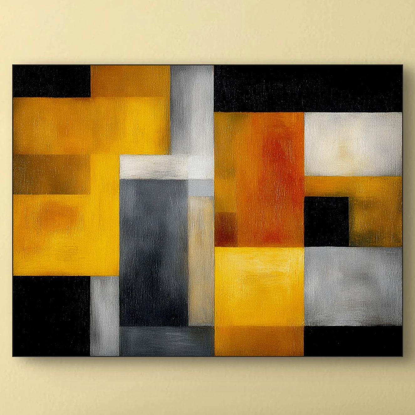 Detail van geometrische vlakken in goud, zwart en grijs met zachte glans
