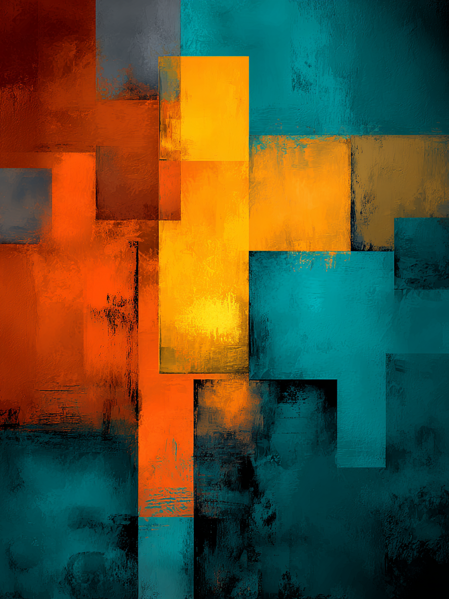 Volledige weergave van abstract schilderij Vlam van Cyan met vurige oranje tonen en koele cyaancontrasten
