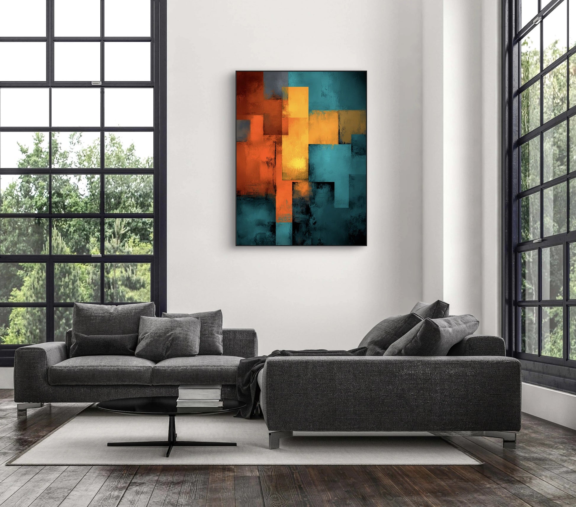 Abstract schilderij Vlam van Cyan met oranje en cyaanblauwe kleurvlakken boven donkere bank in modern interieur
