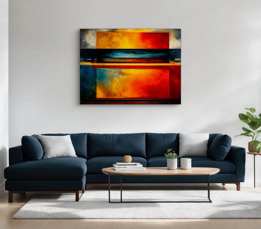 Abstract schilderij in rood, oranje, blauw en goud boven een donkerblauwe bank in modern interieur
