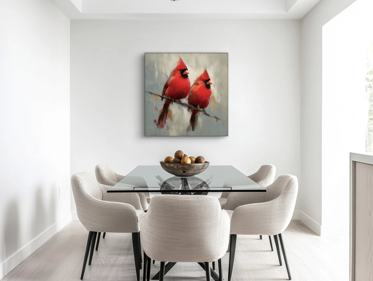 Mock-up van Vlam van Twee boven een eettafel in een moderne lichte eetkamer  
