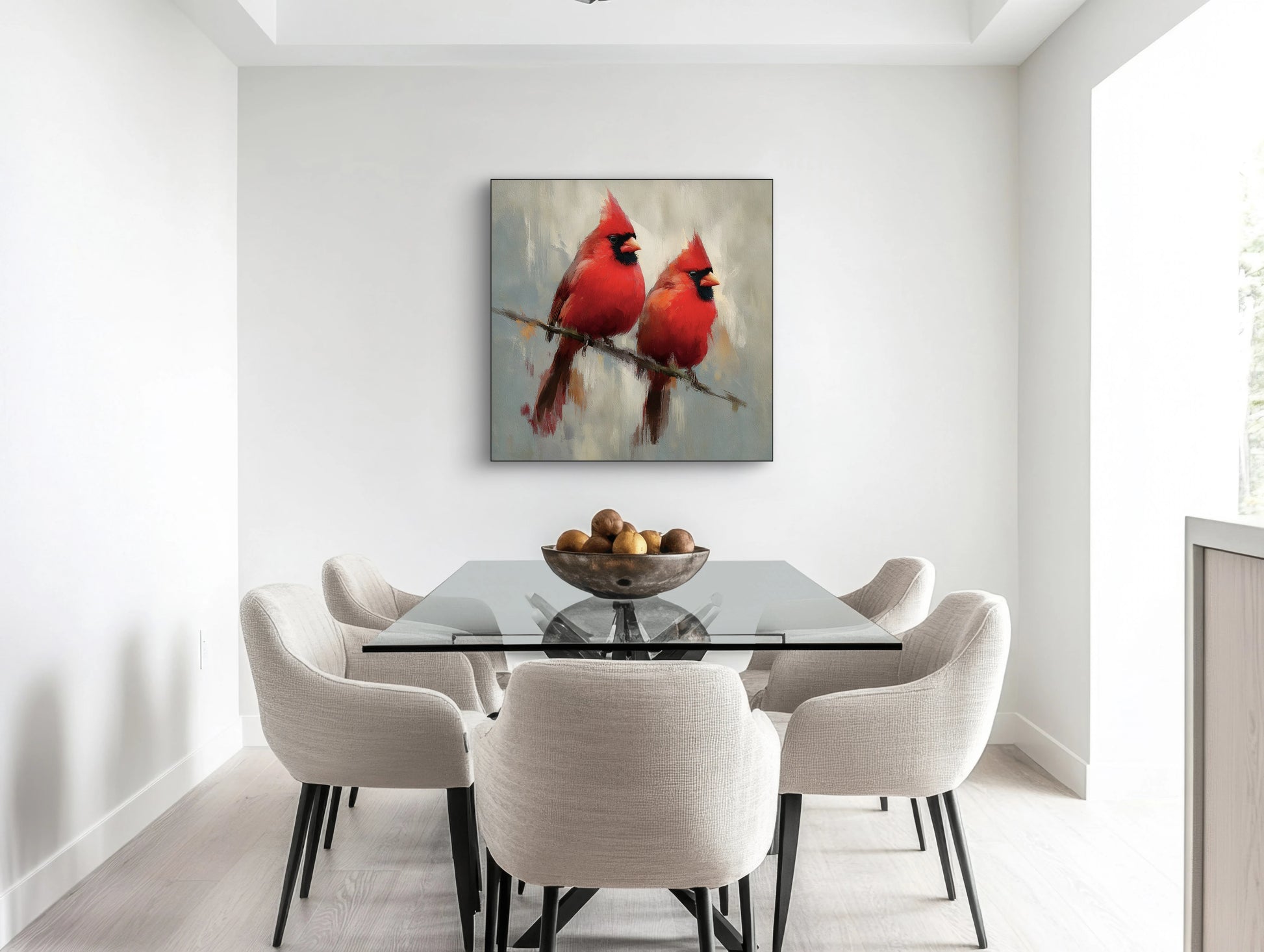 Mock-up van Vlam van Twee boven een eettafel in een moderne lichte eetkamer  
