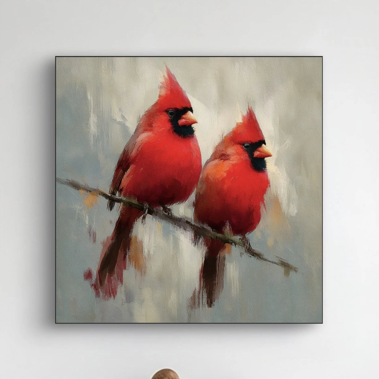 Detail van Vlam van Twee met twee rode kardinalen op een tak tegen een zachte achtergrond  

