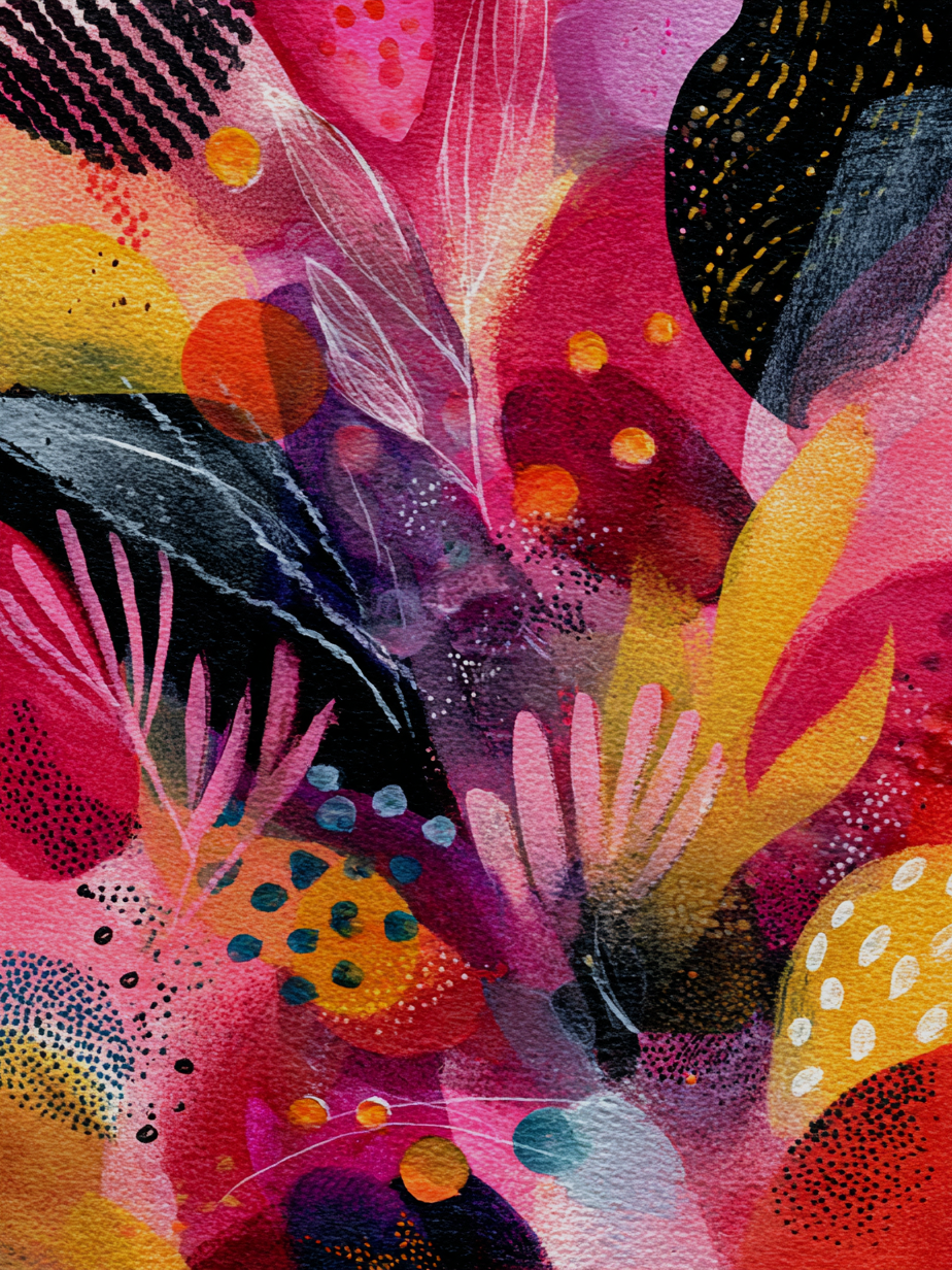 Volledige weergave van abstracte wandkunst Vlam van Verbeelding met expressieve kleuren
