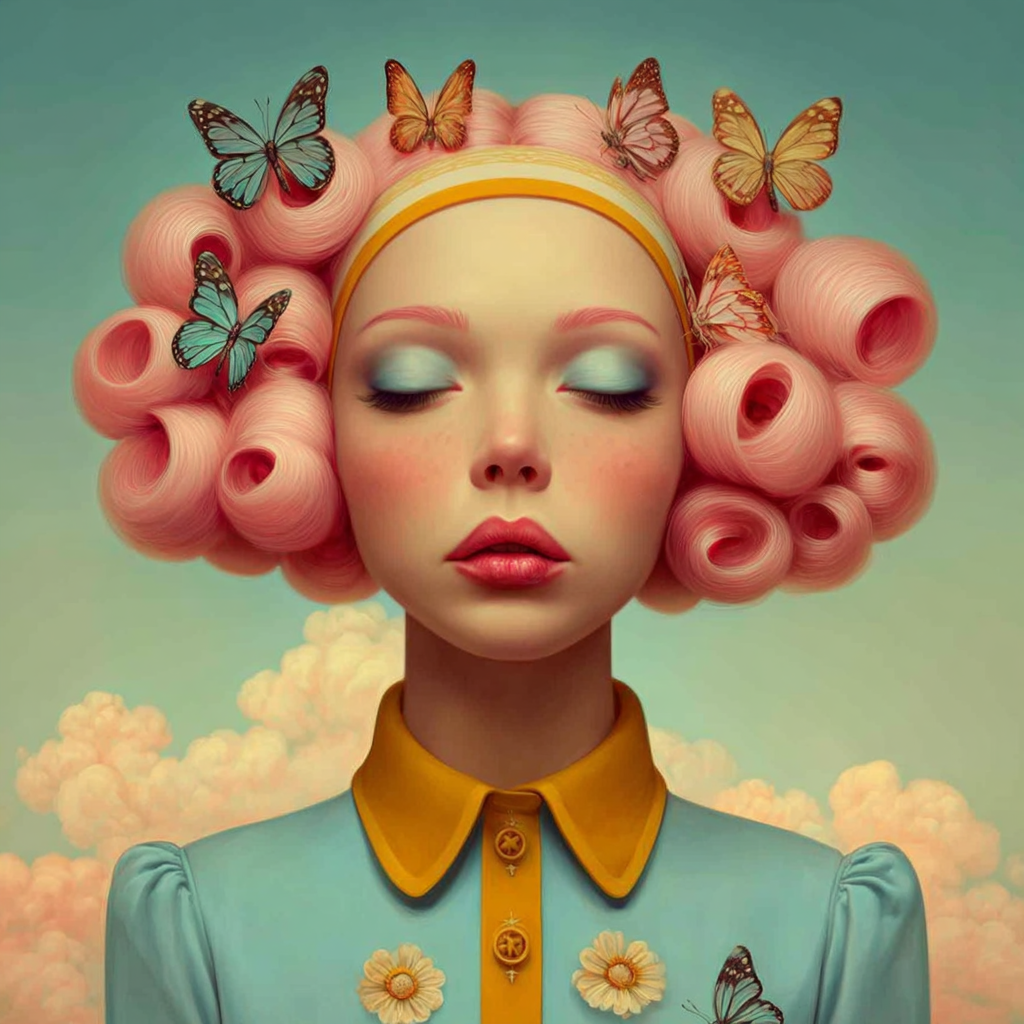 Volledige weergave van Vlinderlicht, portretkunst met pastelkleuren en dromerige uitstraling
