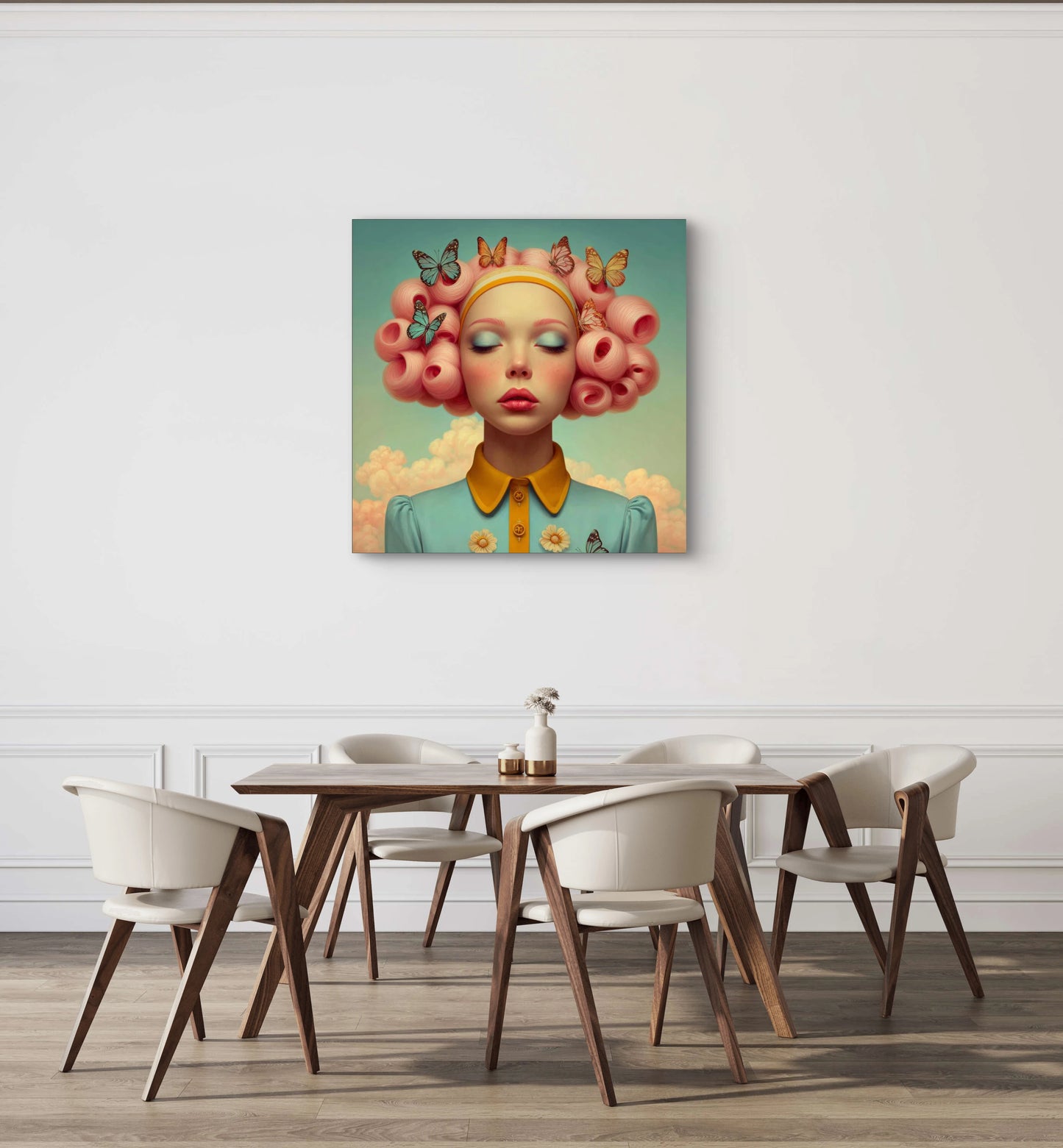 Vlinderlicht wandkunst in modern interieur met zachte kleuren en natuurlijke lichtinval
