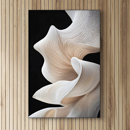 Detail van zachte golvende lijnen in beige en wit tegen zwarte achtergrond
