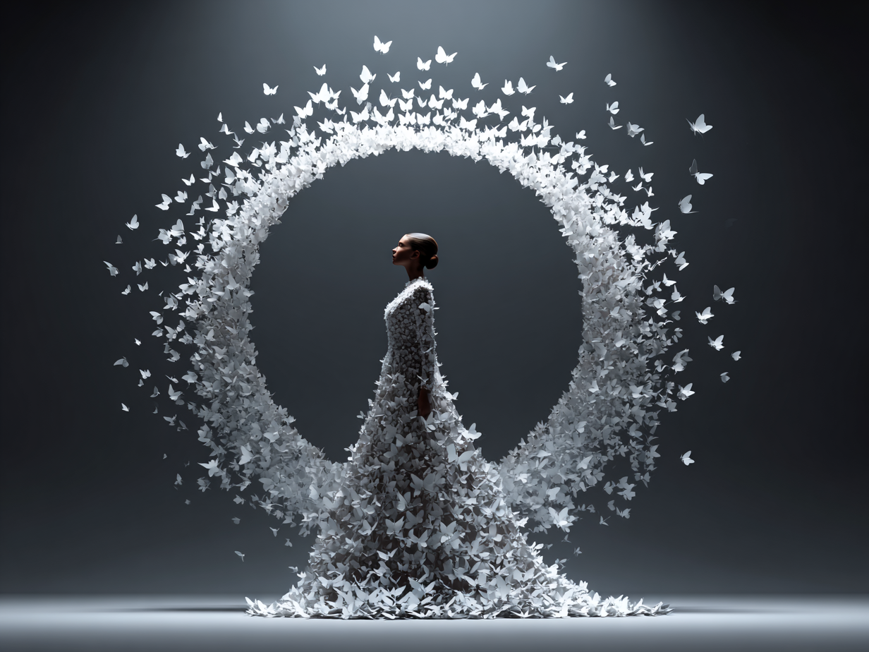 Volledige weergave van Vluchtcirkel met vrouw in witte jurk en zwerm vlinders
