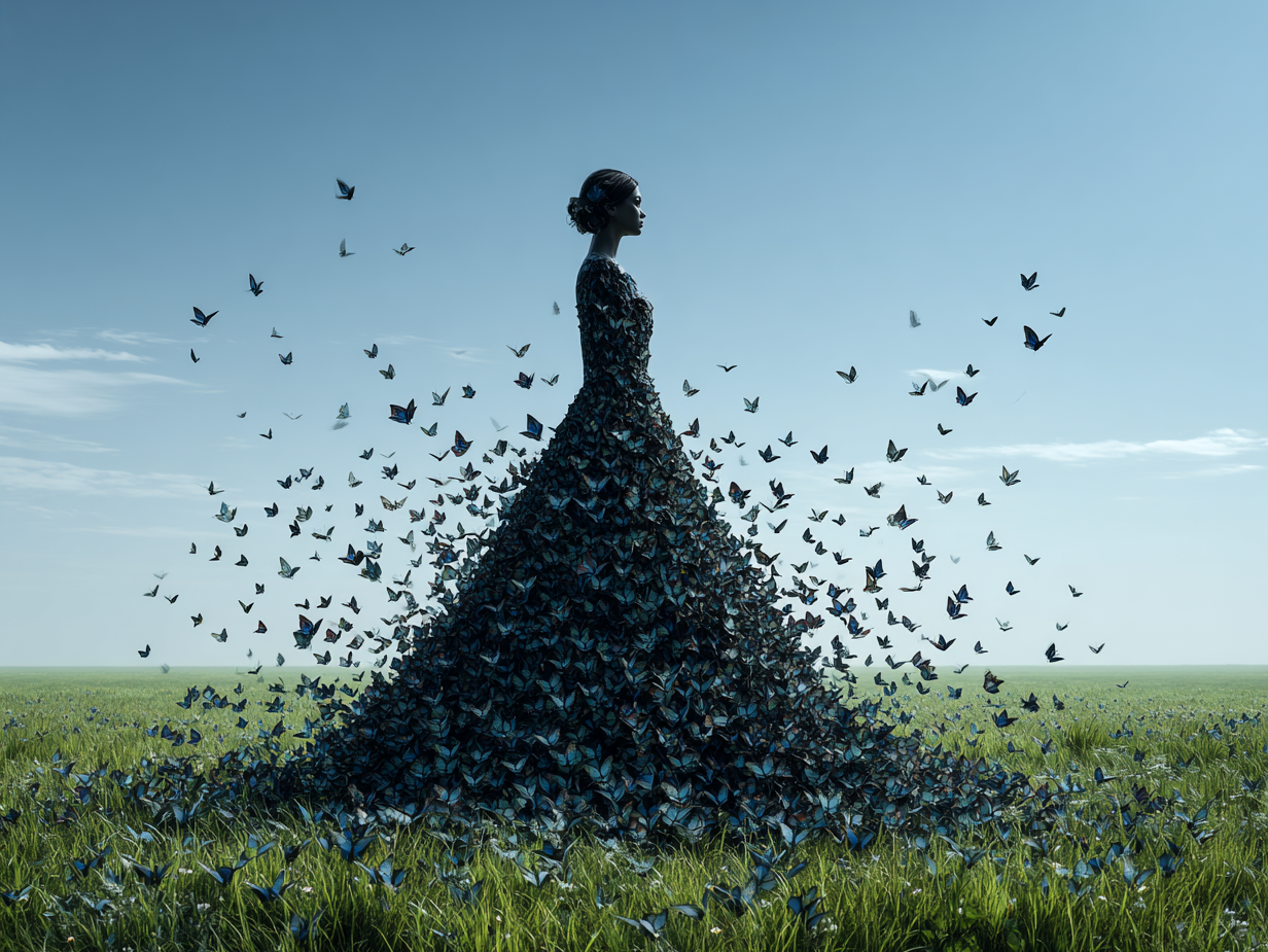 Volledige weergave van Vluchtdroom, poëtisch kunstwerk met vrouw in vlinderjurk en open hemel
