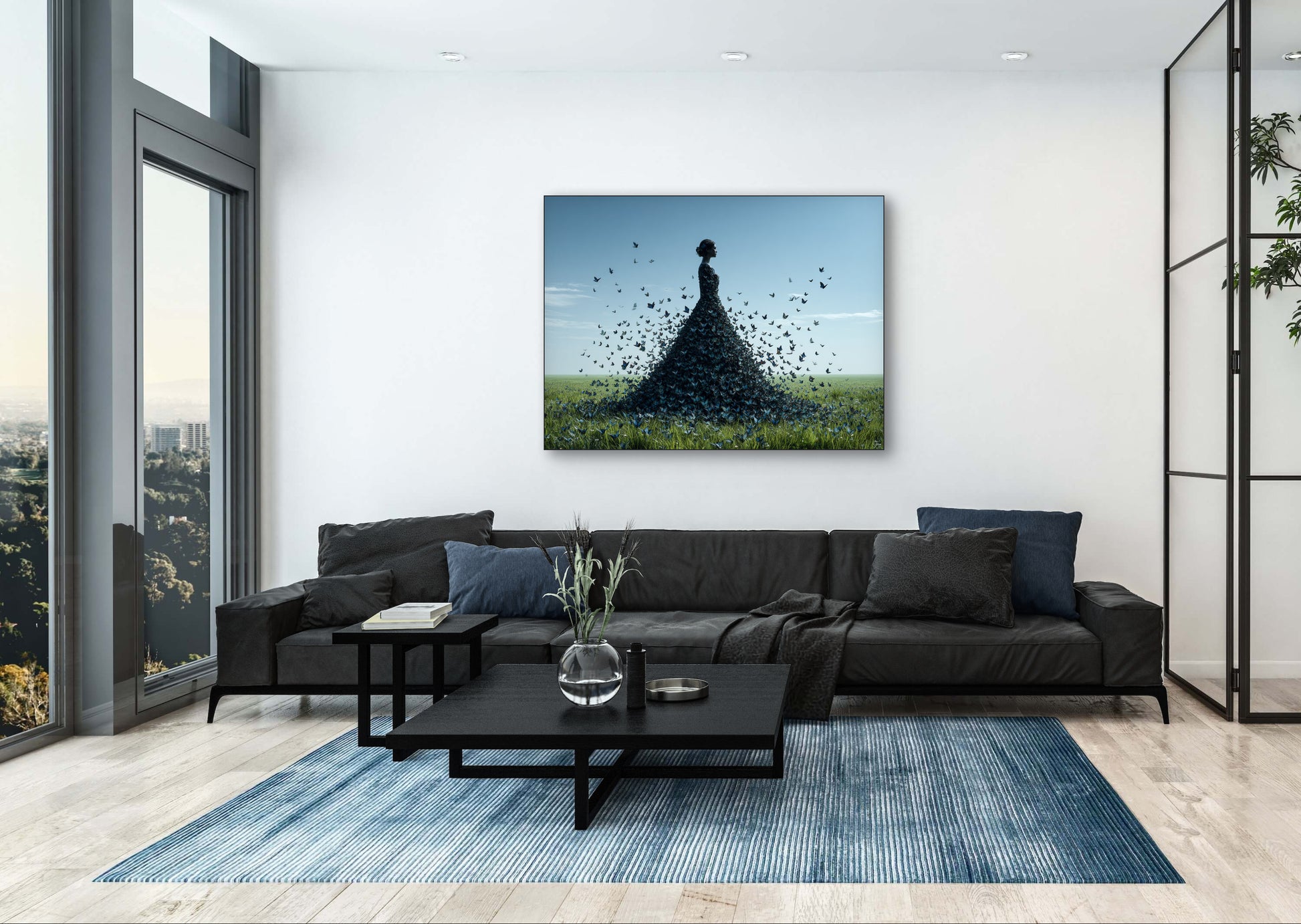 Vluchtdroom wandkunst in modern interieur met natuurlijke lichtval en blauwe tinten
