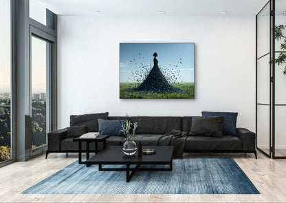 Vluchtdroom wandkunst in modern interieur met natuurlijke lichtval en blauwe tinten
