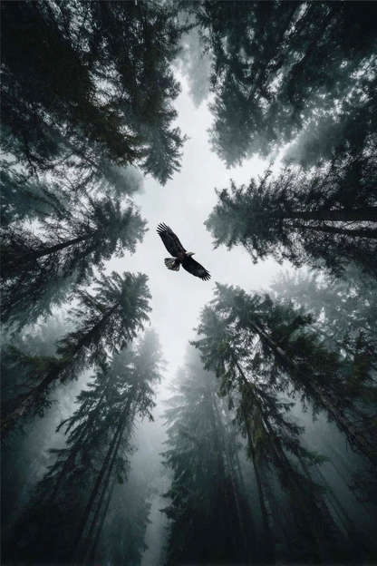 Fotografisch wandkunstwerk van vogel die boven een mistig bos vliegt met lichtinval tussen de bomen
