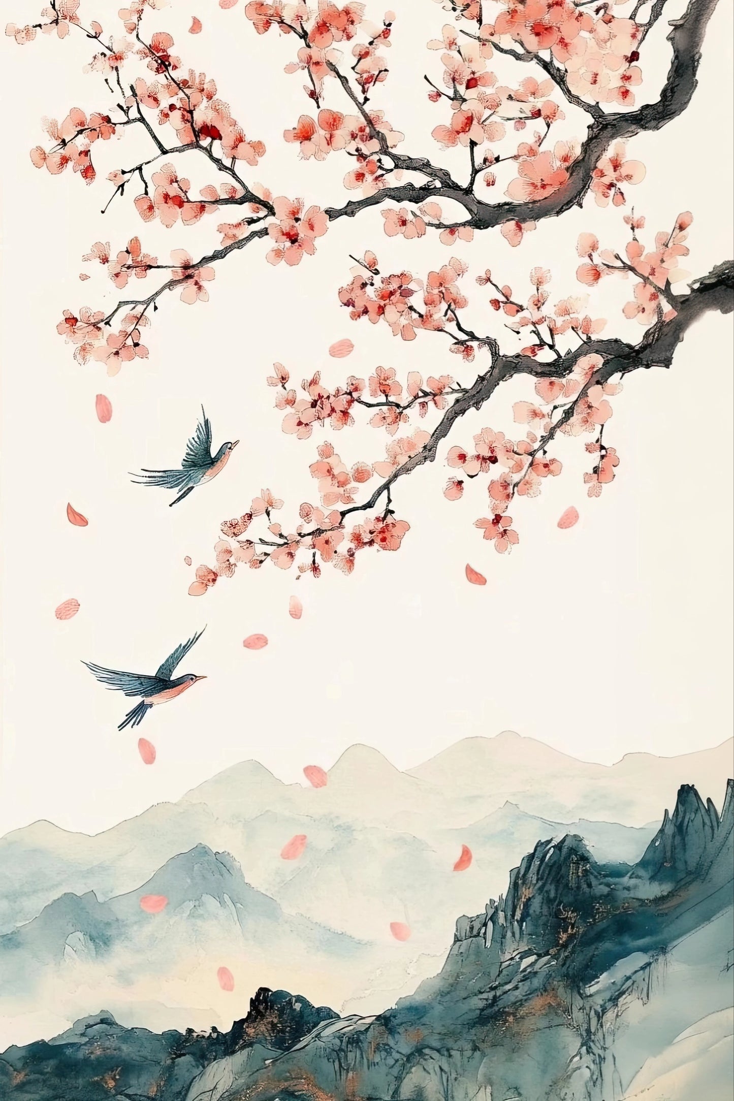 Volledig kunstwerk met bloesemtak, vogels in vlucht en blauwgrijze bergen in Oosterse penseelstijl
