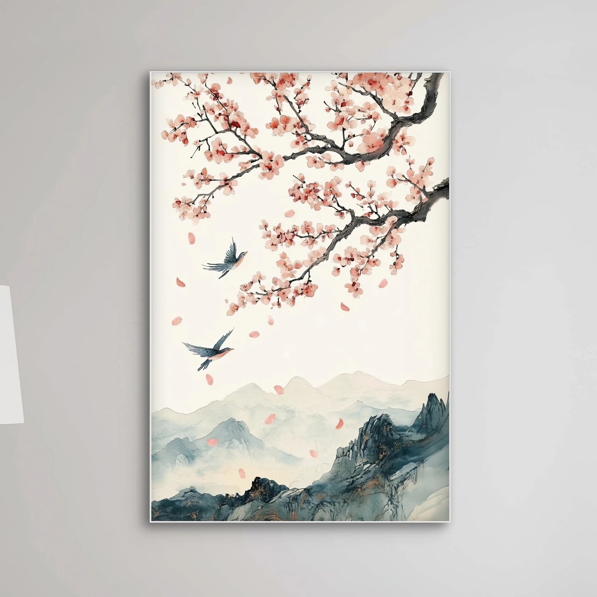 Detail van kunstwerk met roze bloesemblaadjes die dwarrelen in de lucht tussen vogels boven een bergachtig landschap
