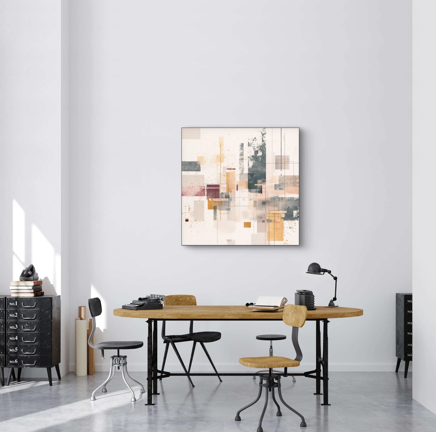 Abstract kunstwerk in beige, roze en oker tinten boven houten tafel in lichte moderne kamer
