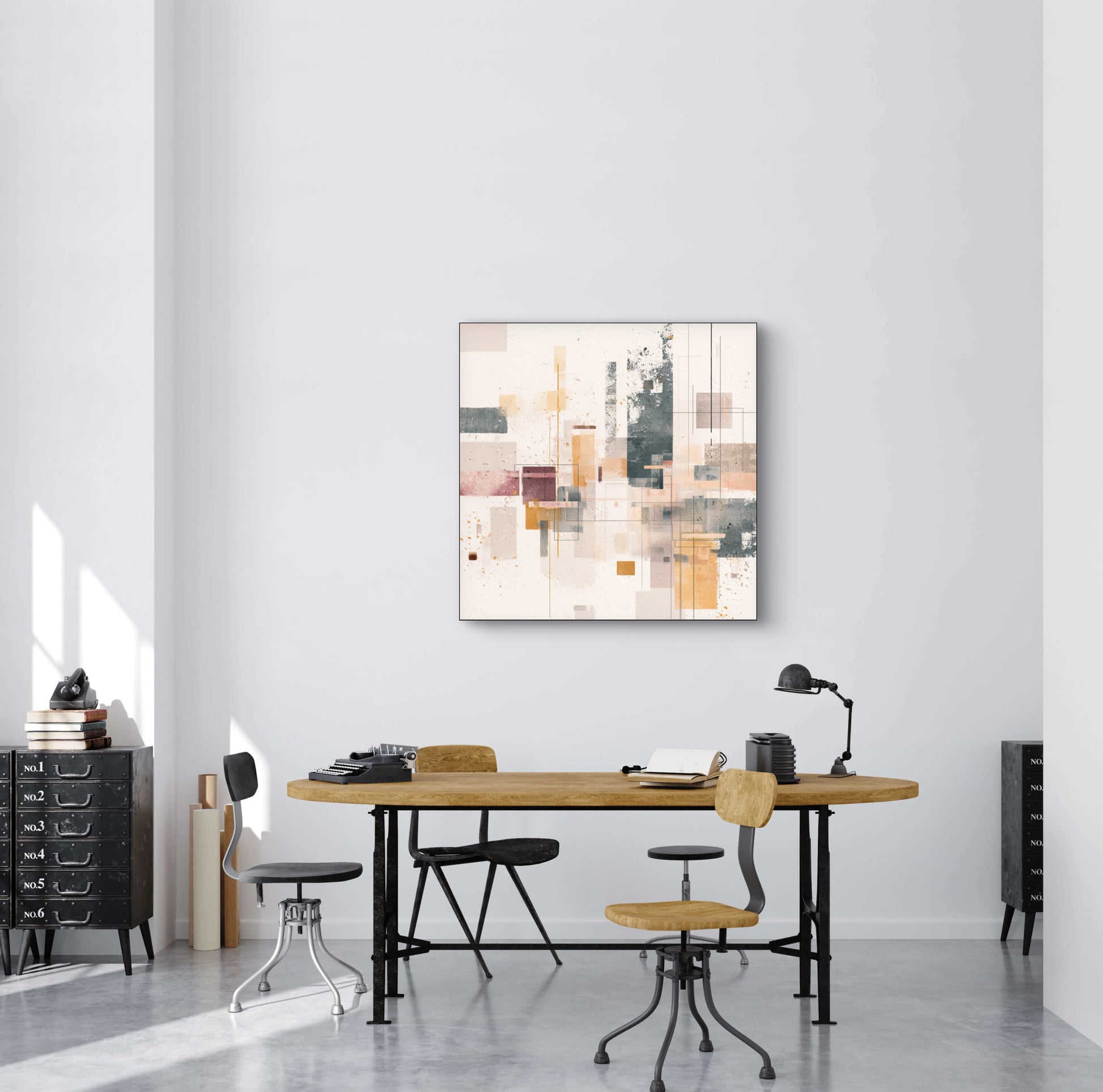 Abstract kunstwerk in beige, roze en oker tinten boven houten tafel in lichte moderne kamer
