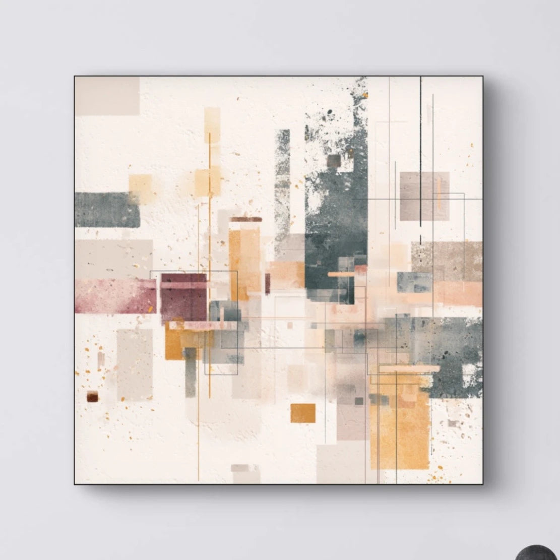 Detail van penseelstreken en geometrische vlakken in beige, roze en goud met zachte textuur
