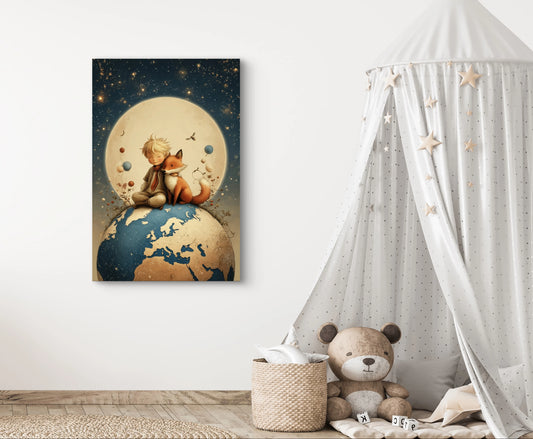 Kinderkamer met kunstwerk van jongen en vosje zittend op aarde onder de maan  
