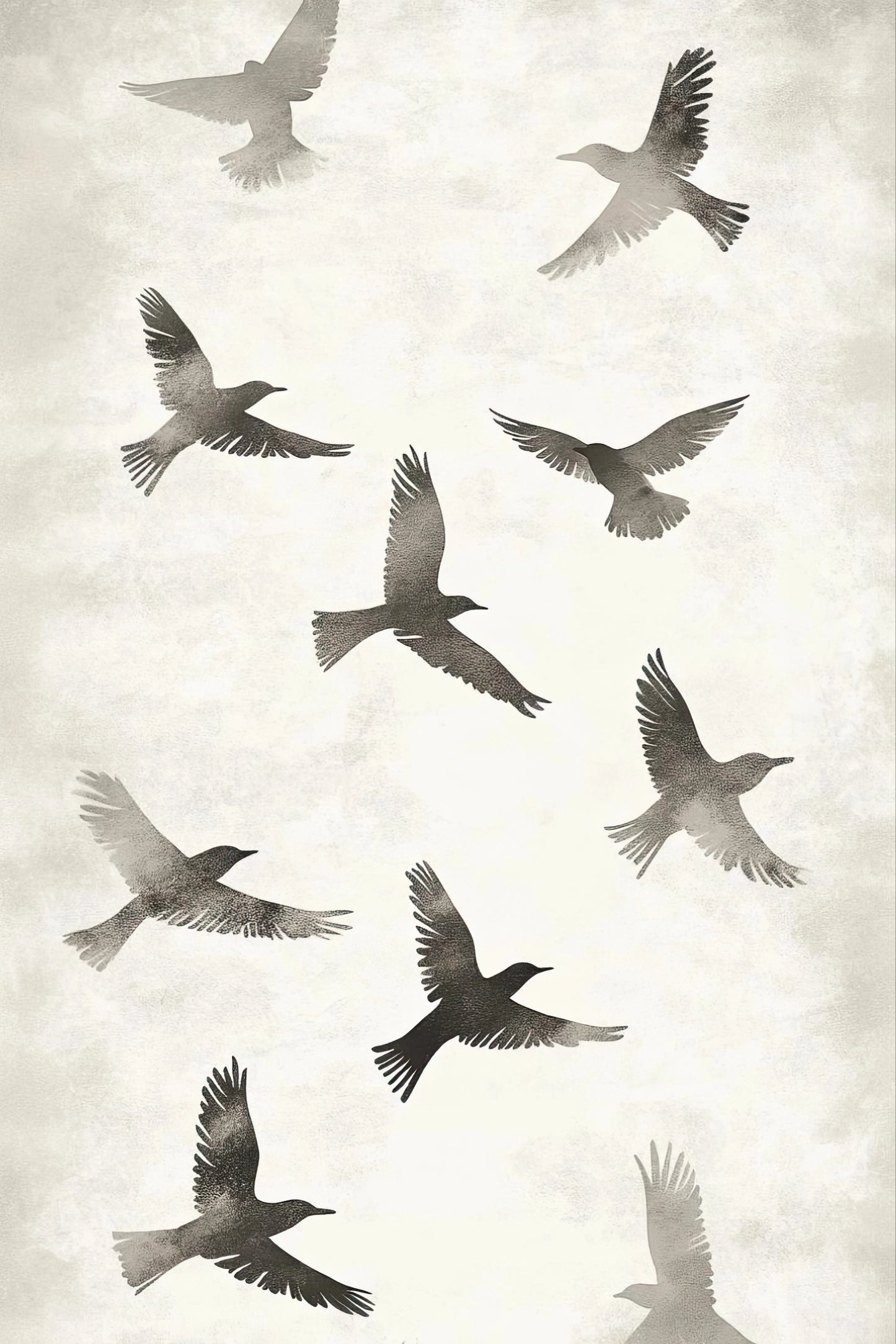 Volledig kunstwerk met vogels in vrije vlucht in grijstinten op een rustige, minimalistische achtergrond
