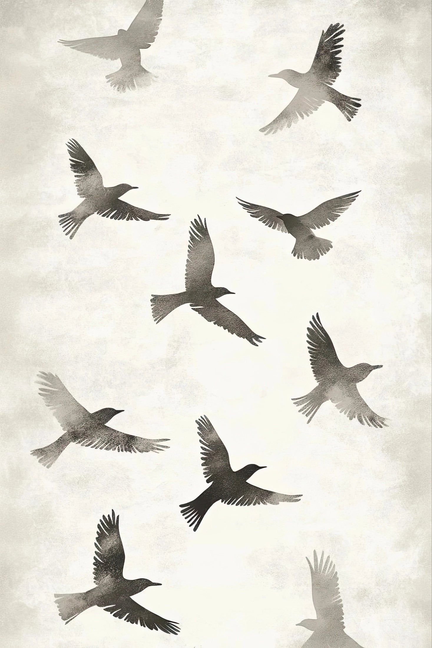 Volledig kunstwerk met vogels in vrije vlucht in grijstinten op een rustige, minimalistische achtergrond
