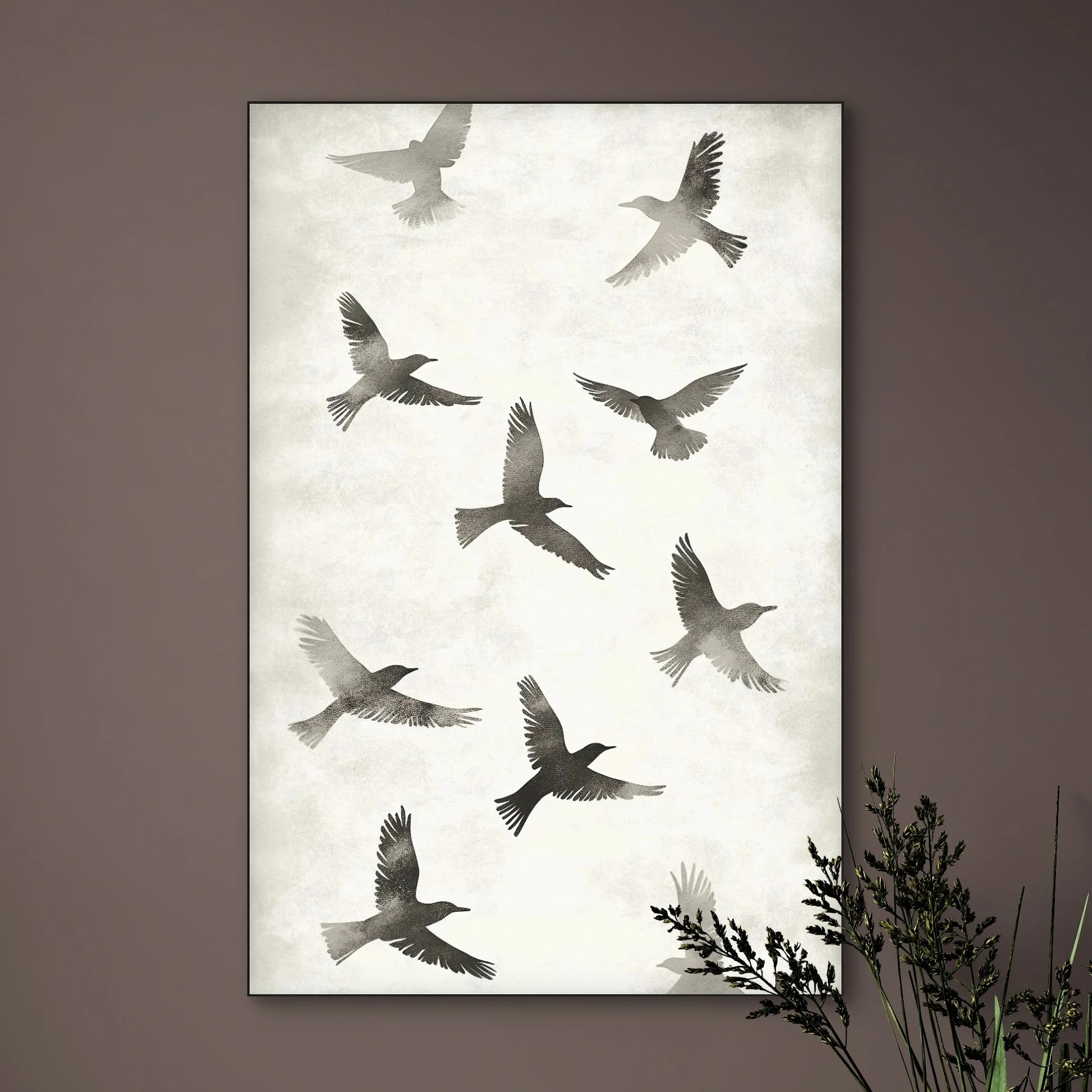 Detail van kunstwerk met silhouetten van vliegende vogels in verschillende posities, tegen een lichte achtergrond
