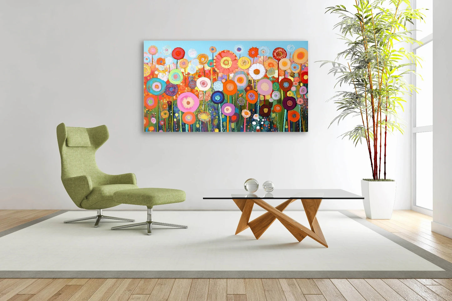 Kleurrijk bloemenkunstwerk boven designstoel en glazen salontafel in lichte moderne woonkamer
