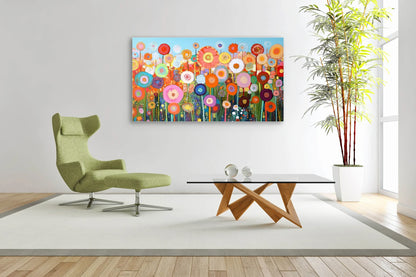 Kleurrijk bloemenkunstwerk boven designstoel en glazen salontafel in lichte moderne woonkamer
