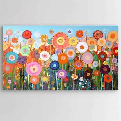 Detail van abstracte bloemen in felle kleuren tegen een blauwe achtergrond
