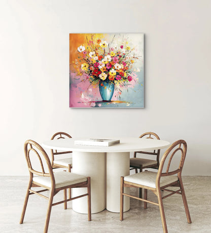 Kunstwerk “Vrolijke Vlaag” boven een ronde eettafel met houten stoelen in een lichte, moderne ruimte
