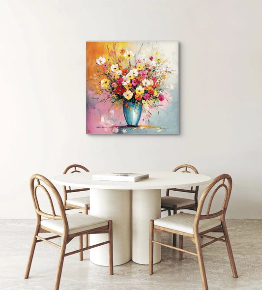 Kunstwerk “Vrolijke Vlaag” boven een ronde eettafel met houten stoelen in een lichte, moderne ruimte
