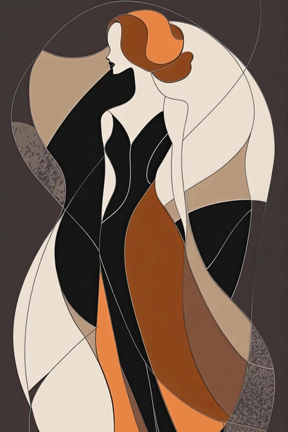 Minimalistisch vrouwenfiguur in zwart, oranje, beige en bruin op donkerbruine achtergrond
