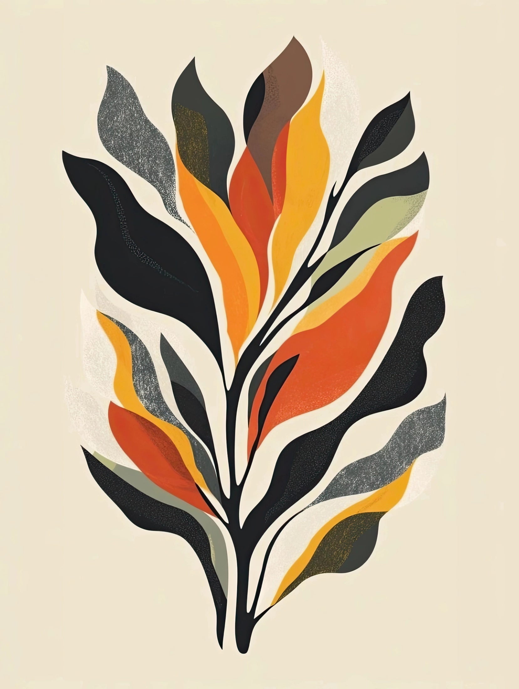 Gestileerde bladeren in zwart, oranje, oker, groen en grijs op beige achtergrond
